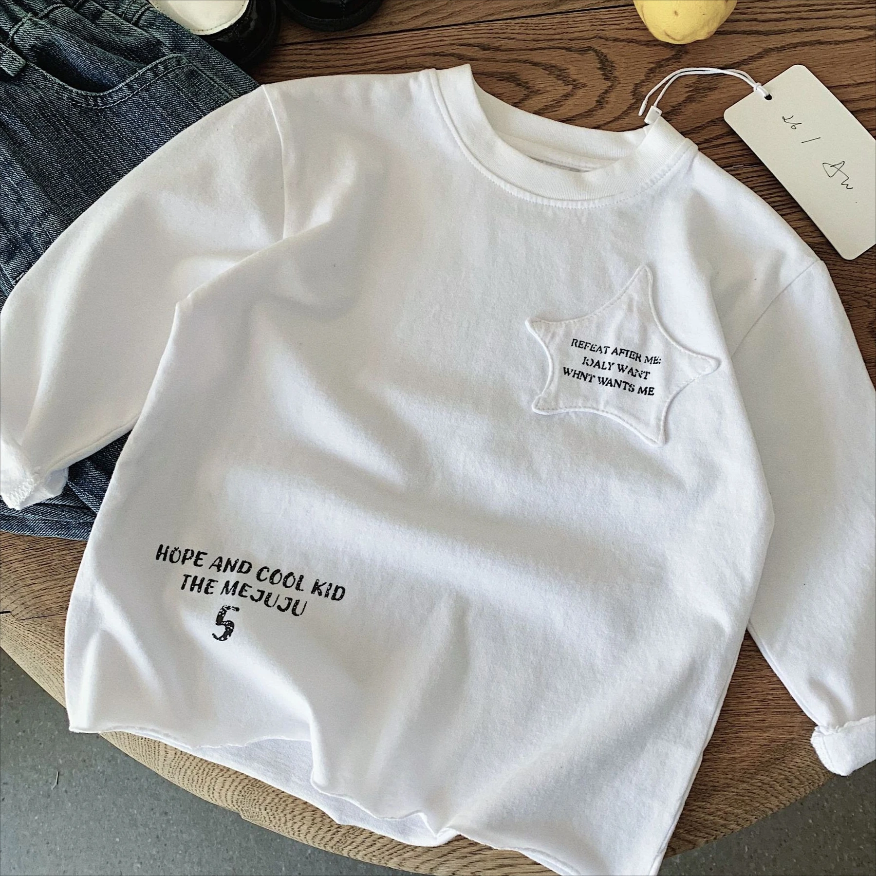 Boys T Shirt 2026 Spring and Autumn New Children's Clothing Korean Style Boys and Girls Simple Curled Edge Printed T Shirt