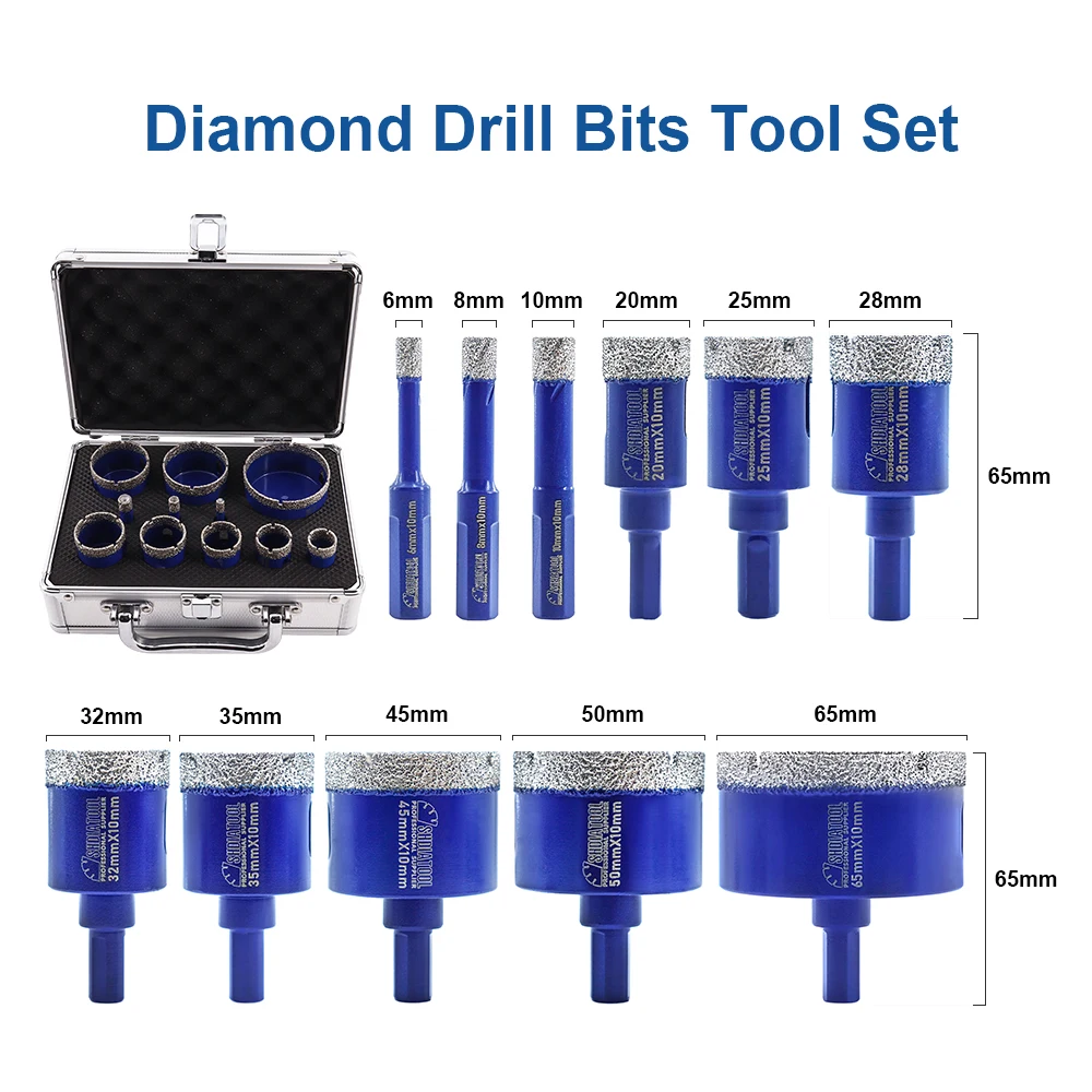 Imagem -03 - Shdiatool-kit de Brocas de Diamante com Caixa de Alumínio Triângulo Shank Hand Tool Perfuração de Cerâmica Granito 665 mm 11 Pcs Set