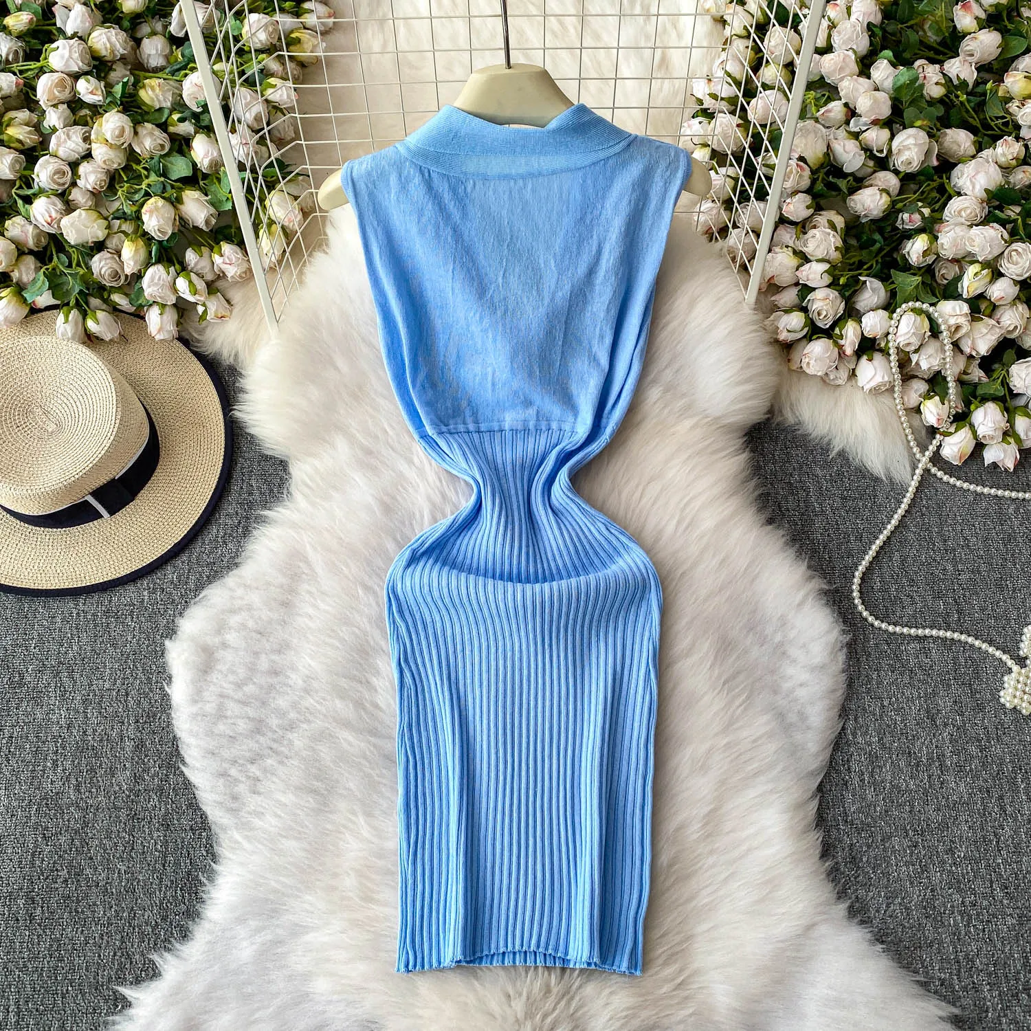 Mode Lässig Oansatz Ärmelloses Tank Gestrickte Kleid Kreuz Spitze-up Elastische Bodycon Einfarbig Mini Kleid 2026 Neue