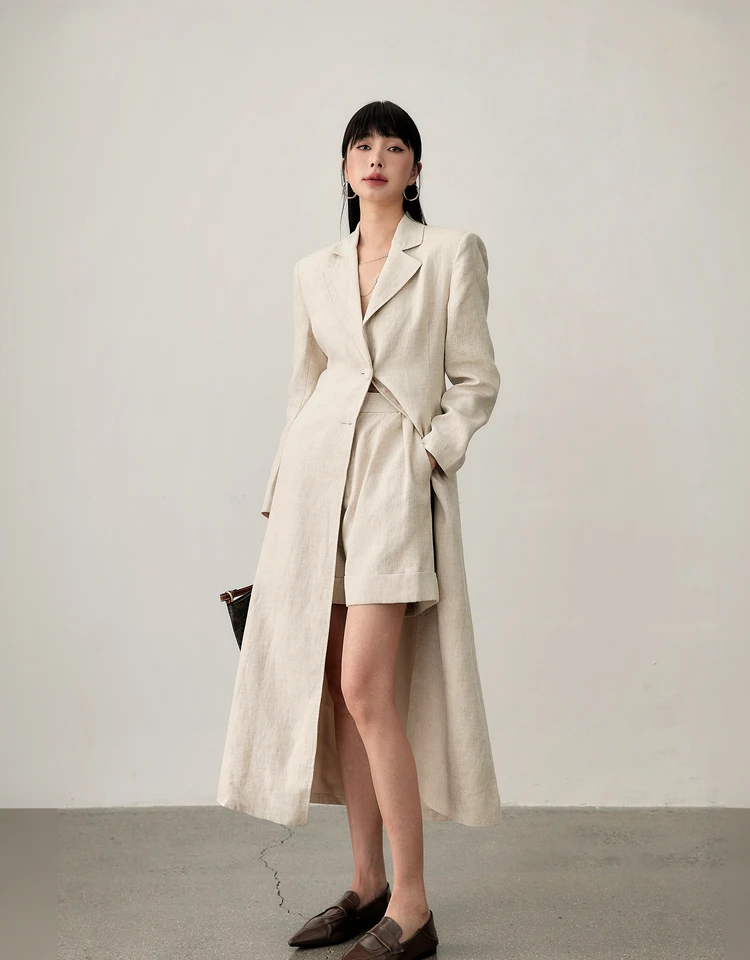 New Women Fashion Peak Lapel Button Long Coat Office Lady Formal linen Solid Color slim trench