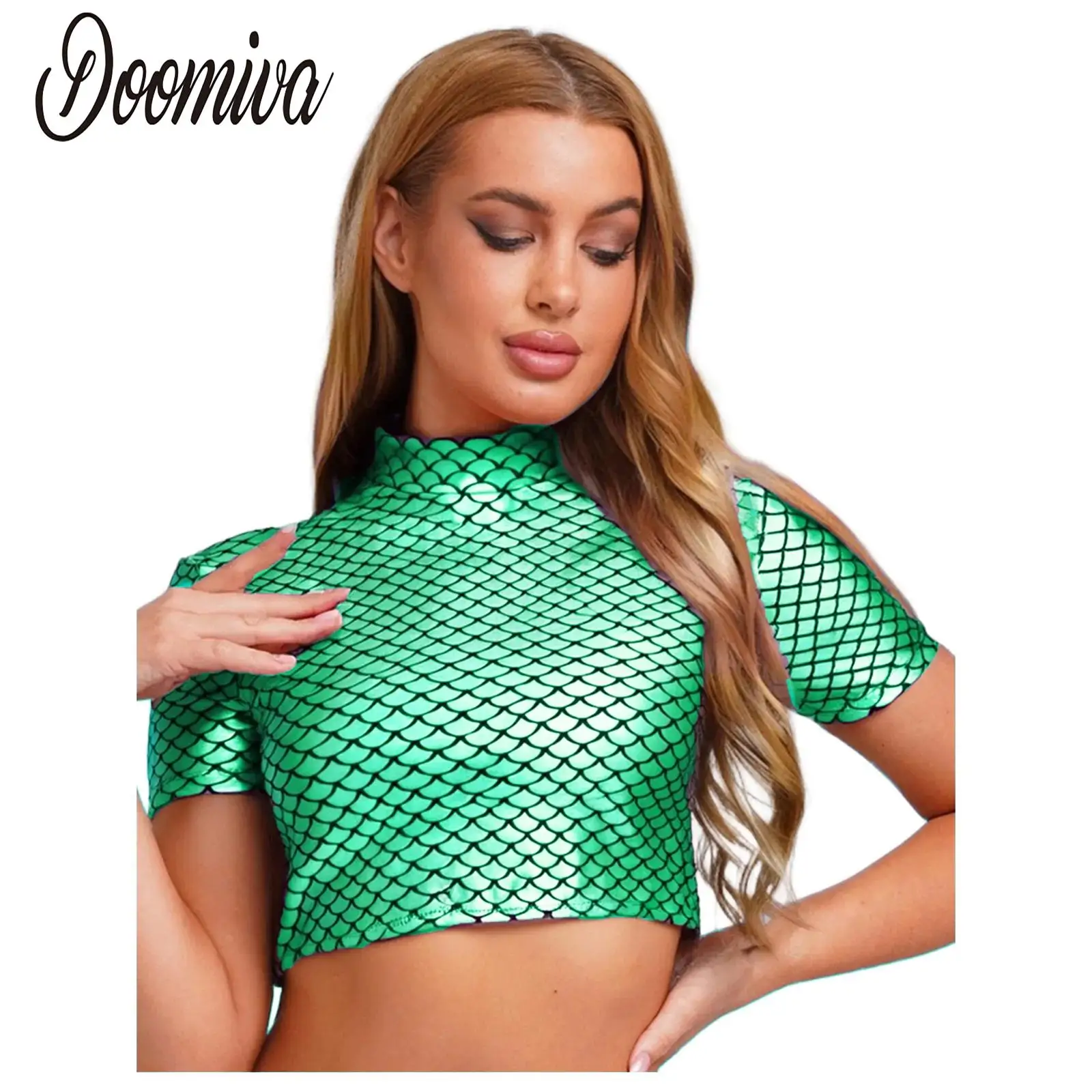 

Women Mermaid Fish Scale Print Cropped Tops Metallic Shiny Short Sleeve Back Zipper Shirt for Halloween Themed Party Cosplay