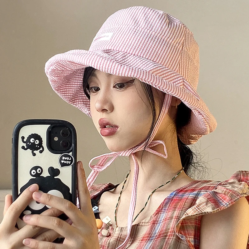 Sweet College Style Retro Striped Strap Bucket Hats for Women Summer Light Breathable Versatile Sunscreen Cute Basin Caps