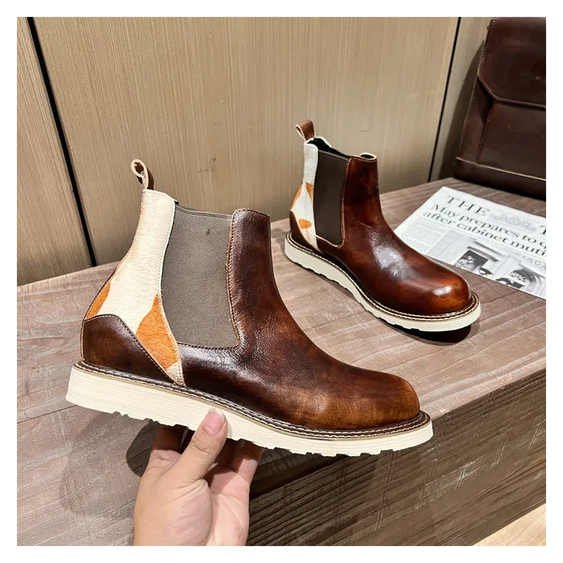 High Quality Genuine Leather Motorcycle Boots Brogue Shoes Retro Round Toe Mid-calf Western Chelsea Boots For Men Mixed Color