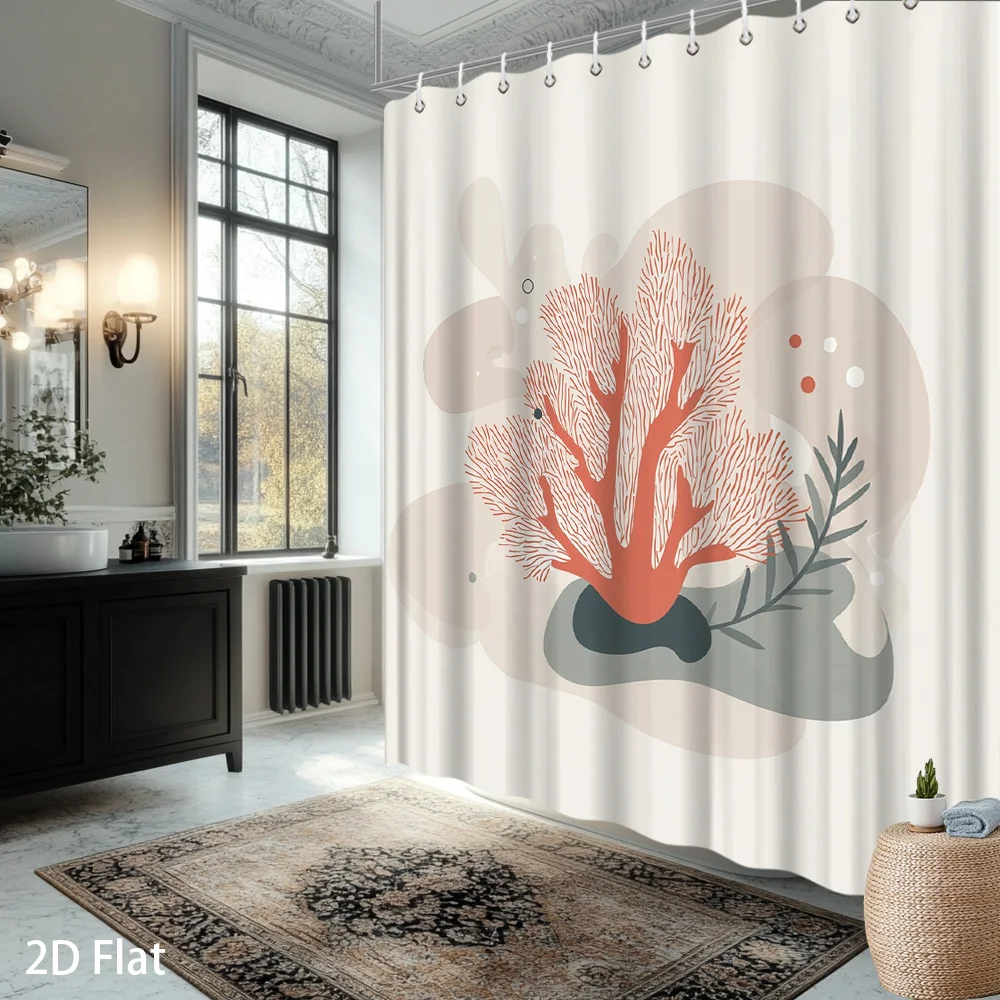 

Coral & Leaf Shower Curtain – Polished Coral Orange, Soft Abstract Background, 2D Flat Print, Waterproof Polyester, 12 Hooks
