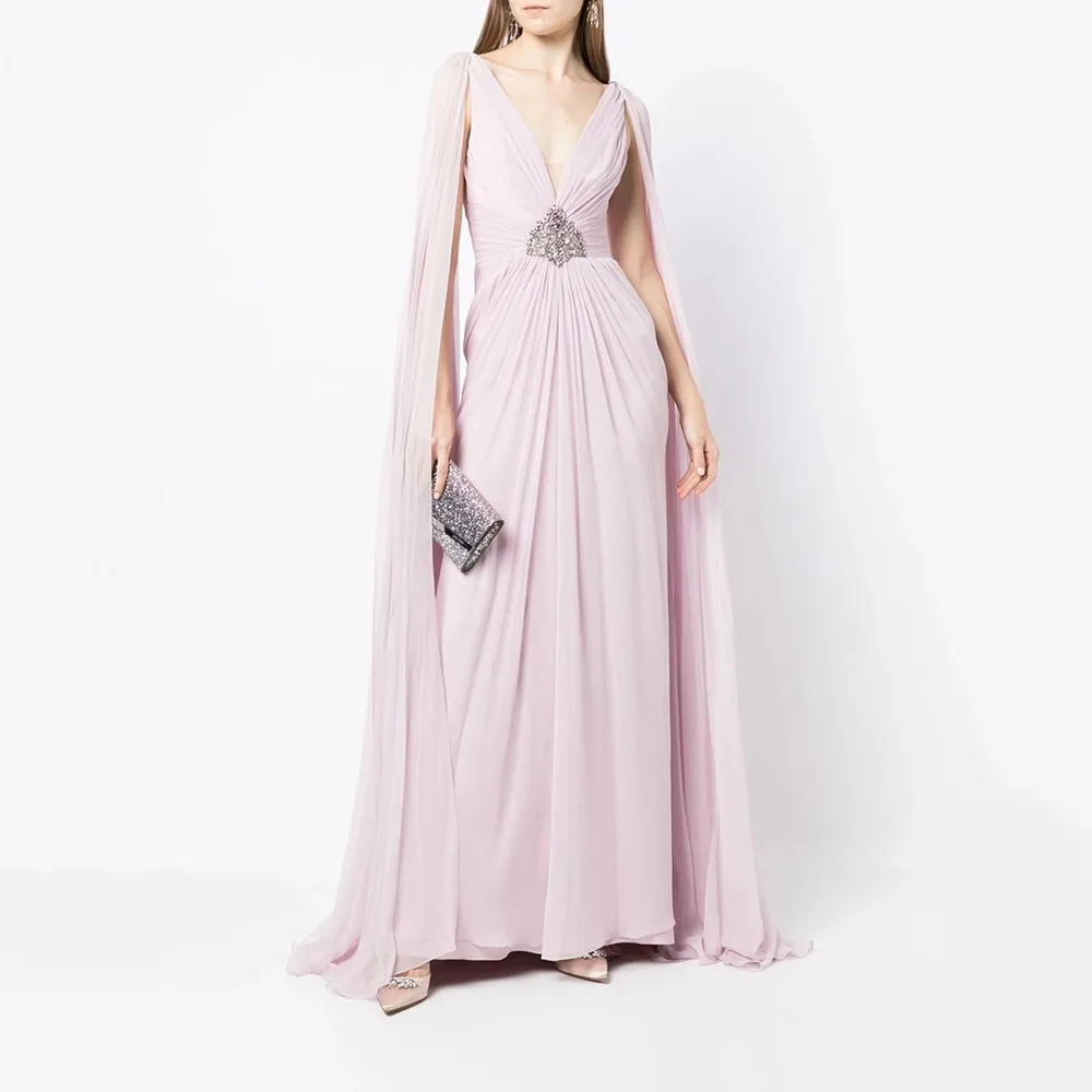 

Luxury Evening Dress V-Neck Chiffon Bead Crystal Mermaid Pleat Evening Gowns Floor Length Wedding Guest Dress Customized