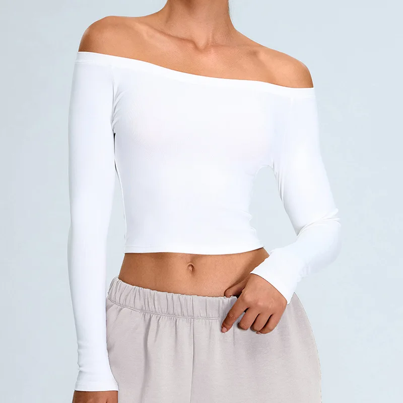 Women Yoga T-shirts Solid Sports Top Off Shoulder Long Sleeve Gym Workout Running Shirts Sexy Quick Dry Fitness Gym Sport Wear