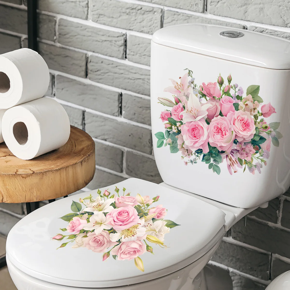Pink Rose Lily Floral Toilet Stickers, Removable Waterproof Bathroom Toilet Seat Decals, Toilet Lid Decor for Bathroom