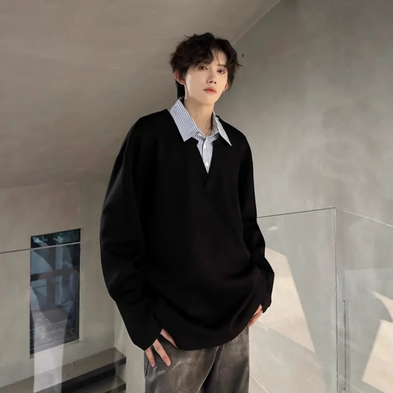 WTHT Fashion Men's Spliced Striped Fake Two-pieve Design T-shirts Trendy Contrast Color Long Sleeves Top Male 2026 Summer 2A2953
