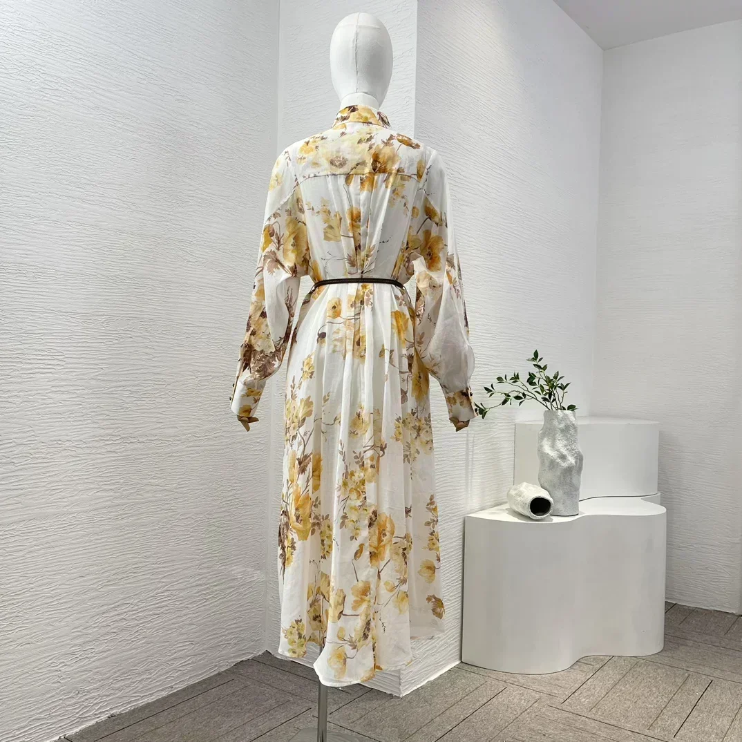2024 New High Quality Ramie Women Clothes Light Yellow Floral Print Long Sleeve Loose Midi Dress for Holiday