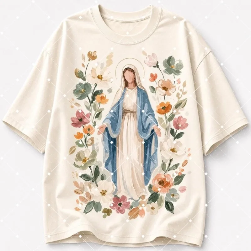 Floral Virgin Mary Watercolor Graphic T-Shirt Catholic Religious Vintage Art Comfort Tee
