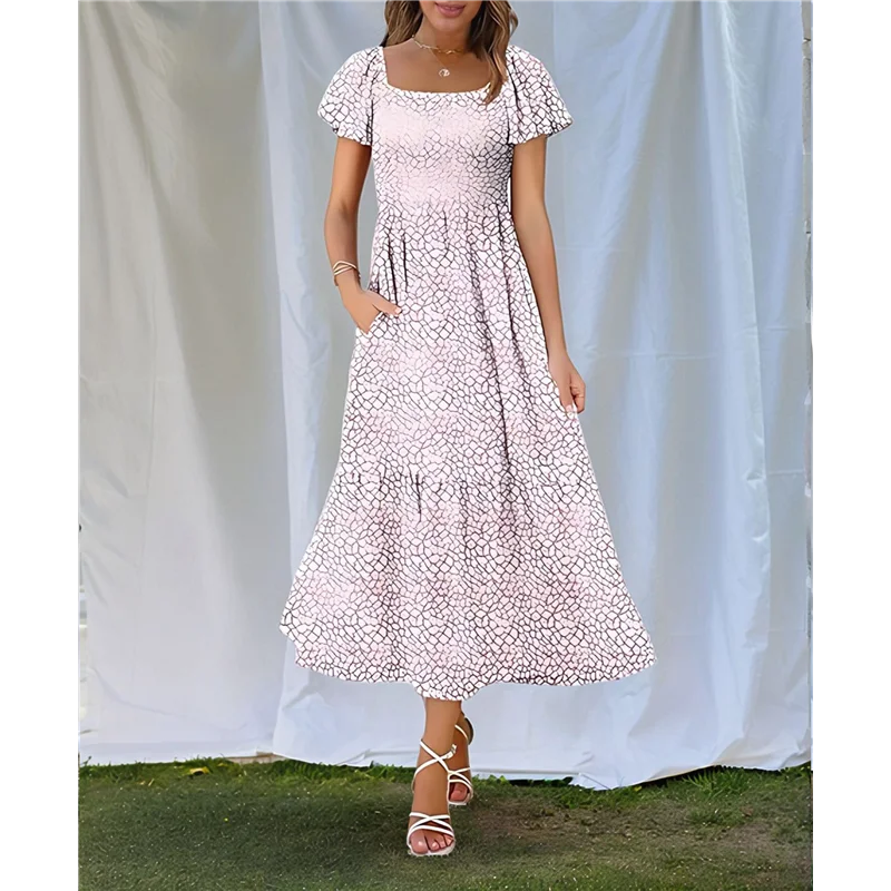 Abito estivo da donna casual con scollo quadrato, maniche svolazzanti, boho, smock, a-line, fluido, a strati, modesto, midi, con tasche