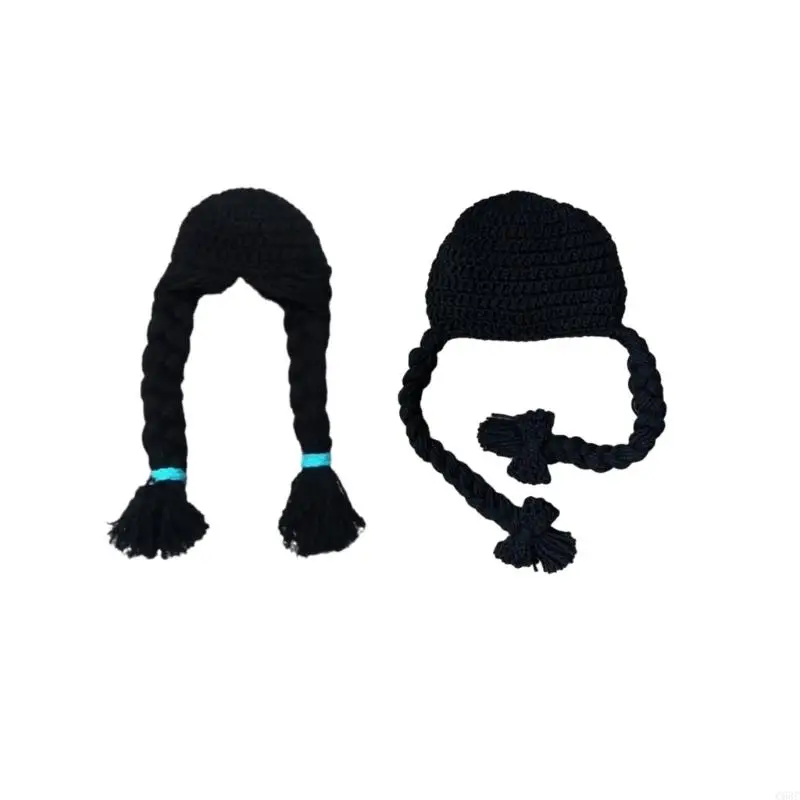

C63C 0-6M Girl Hat Hand Knitted with Double Braids Baby Autumn Winter Fashion