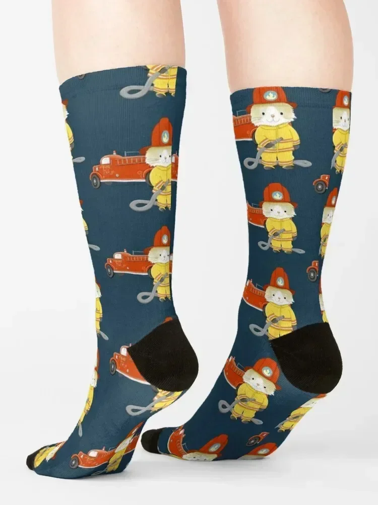 Fireman Cat with a Firetruck Socks Run football hiking men cotton high quality Socks Man Women's