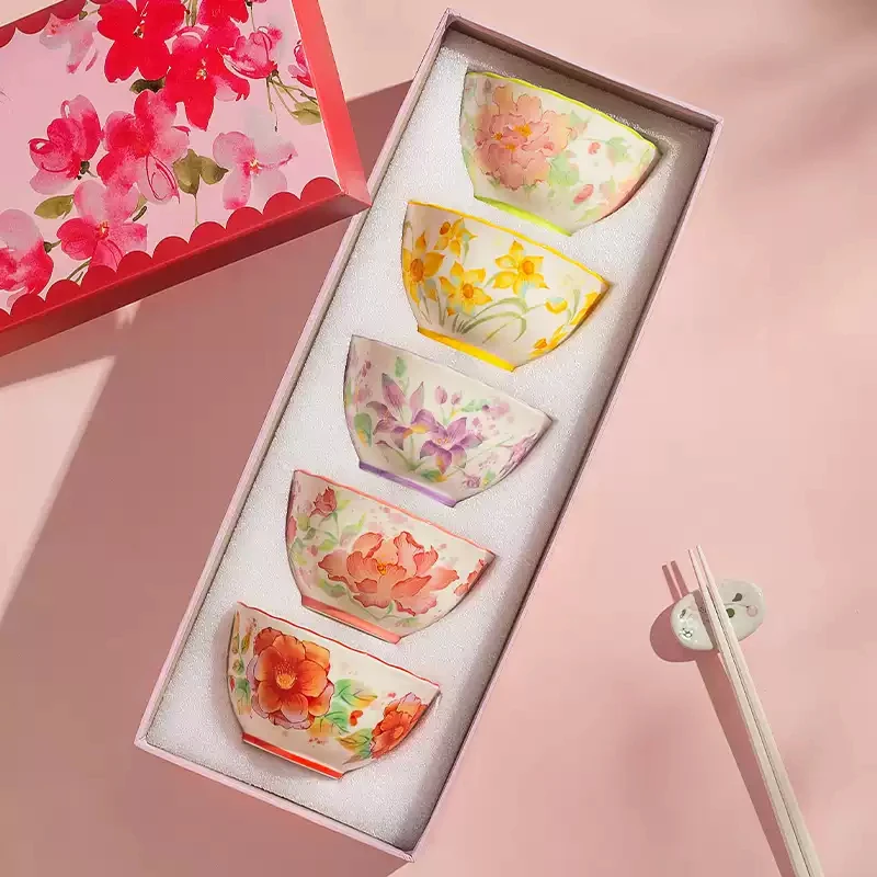

Creative Home 2025 New Tableware Ceramic Bowl Rice Small Bowl Flower Printed Chinese Style Romantic 4.5-inch Gift Box