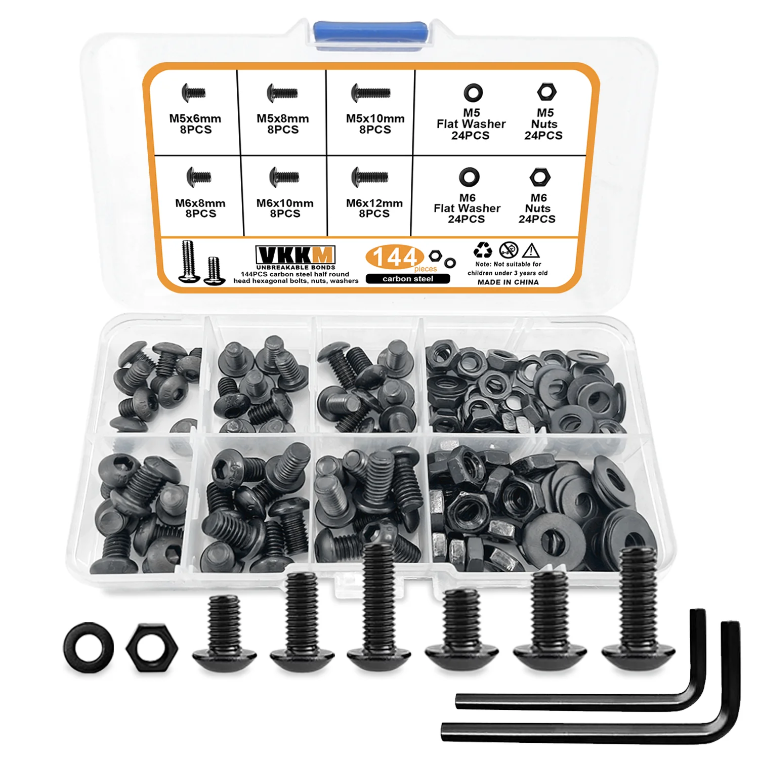 M5/M6 Round Head Hex Head Screws,144 Sets Of Black Hex Head Drive Screws, Nuts And Washers With Wrench, Full Thread.