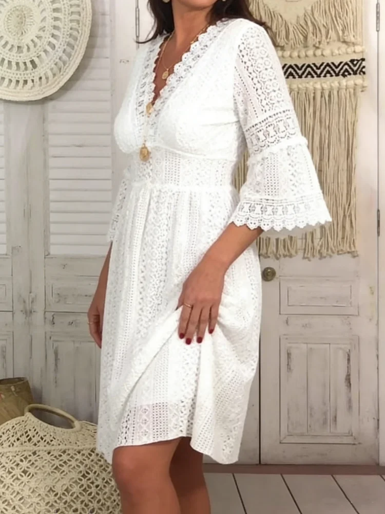 High Waist White Women Dresses Elegant Flare Sleeve Vestidos Summer Casual V-neck Hollow Out Lace Dress