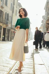 Theor* summer women skirt viscose ankle length straight strip solid color office lady empire waist elastic