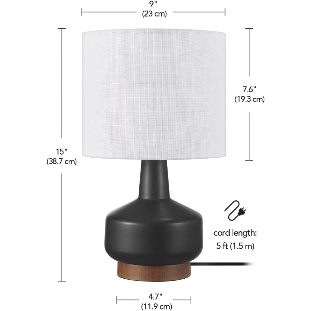 Globe Electric 61000046 15" Ceramic Table Lamp, Matte Black, Wood Toned Base, White Linen Shade, On/Off Rotary Switch on Socket