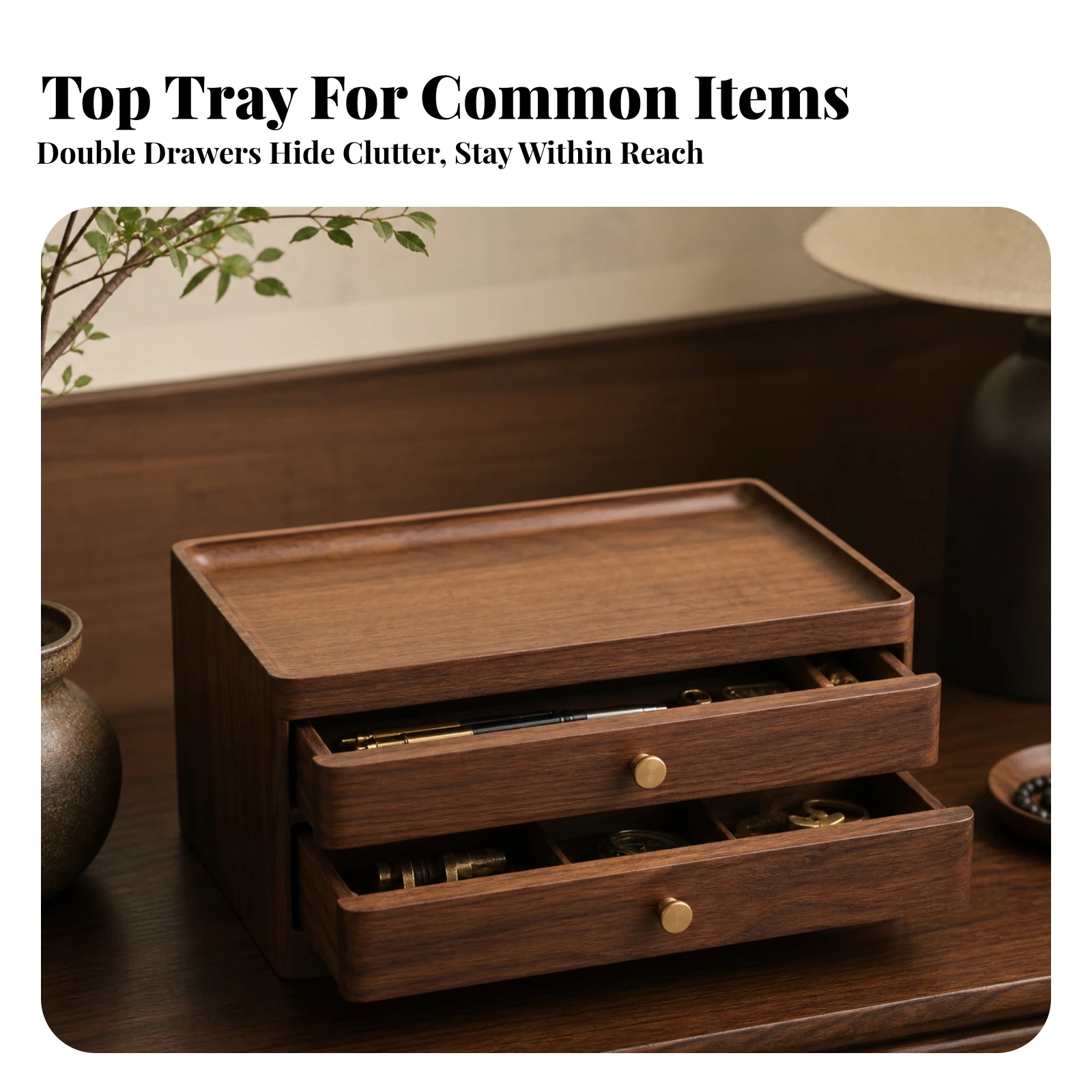 Wooden Desk Organizer with Drawers Premium Desktop Storage Box with Drawers Desktop Drawer Organizer Compact Stylish for Vanity