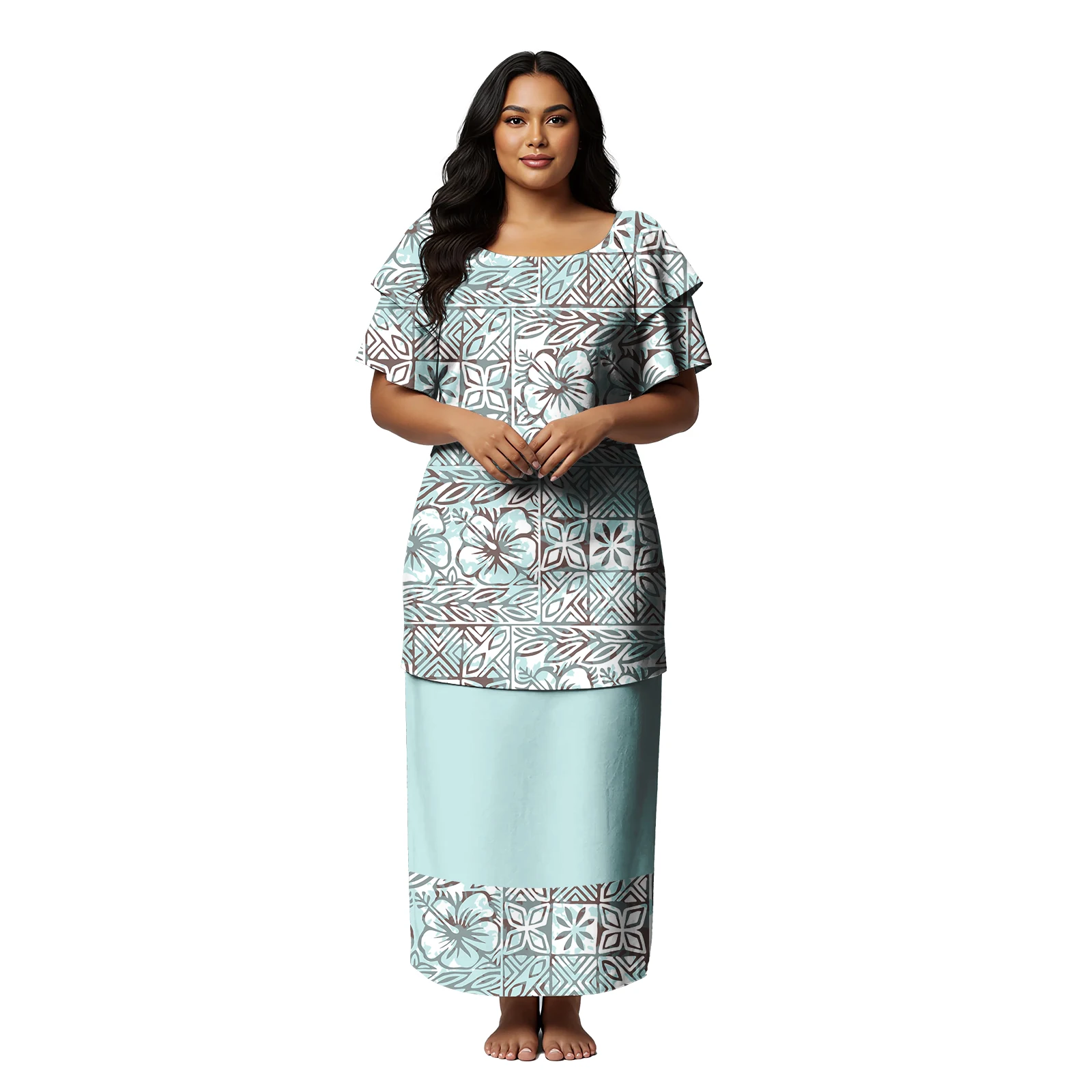 Hot Selling Women Polynesia Tribal Style Flowers Dress Pacific Puletasi Samoan Ladies Ruffles Sleeve Design Puletasi 2 Piece Set