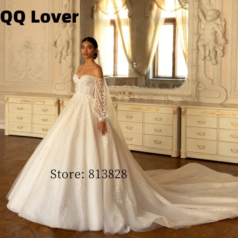 

Свадебное платье принцессы без бретелек на заказ, романтическое тюлевое свадебное платье с открытой спиной, вечерние платья трапециевидной формы с длинными рукавами для невесты, Vestido De Noiva