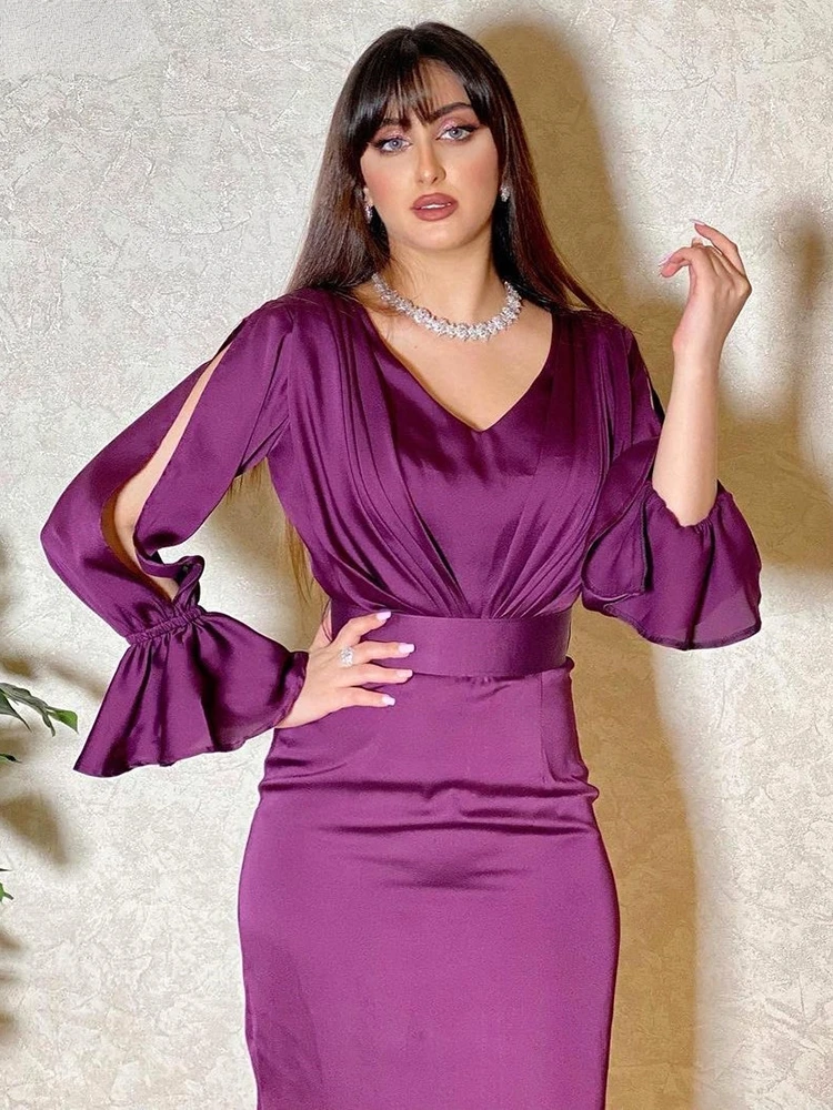 

Muslim Evening Dress Women Abaya Elegant Purple Satin Maxi Dresses Dubai V Neck Slit Long Sleeve Slim Belt Party Clothes 2022