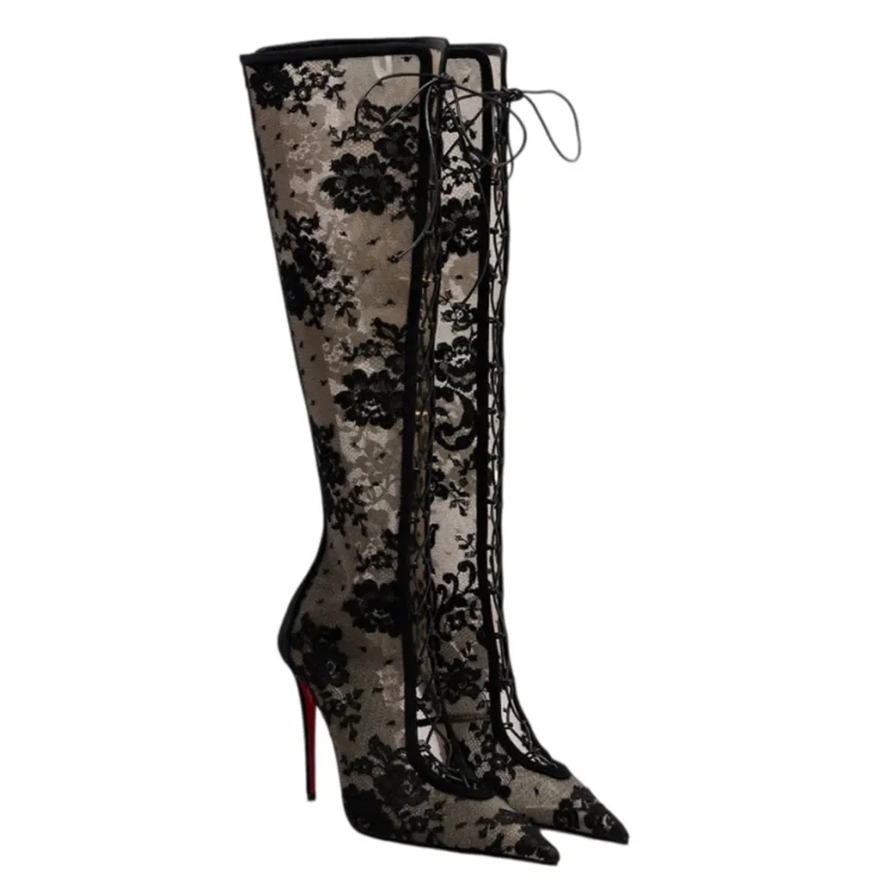 2026 Damen Frühling/Sommer Spitze Schwarze Netzstoff-Stiefeletten mit Hoher Taille Bestickte Spitze Hochzeits-Party Damenstiefel