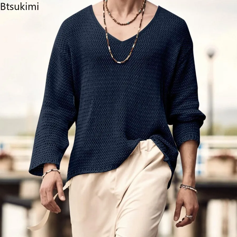 Fashion V Neck Thin Sweaters 2025 Men's Solid Long Sleeve Knitted Pullover Casual Vintage Streetwear Spring Hollow Out Tops Male - Image 3