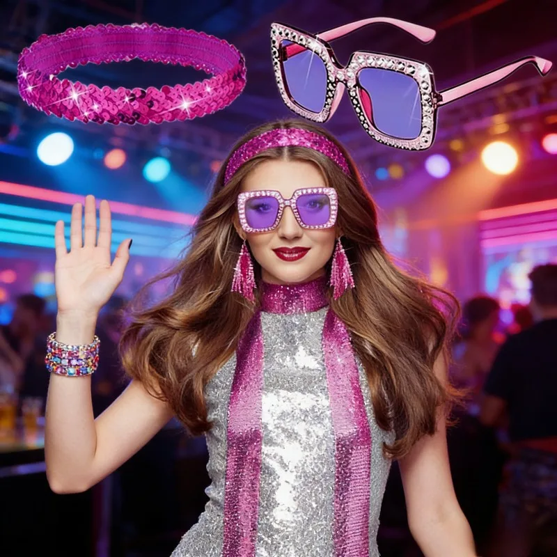 

Женские ювелирные изделия в стиле диско 1970-х годов, серьги, шарф, солнцезащитные очки, браслет, повязка на голову, набор аксессуаров