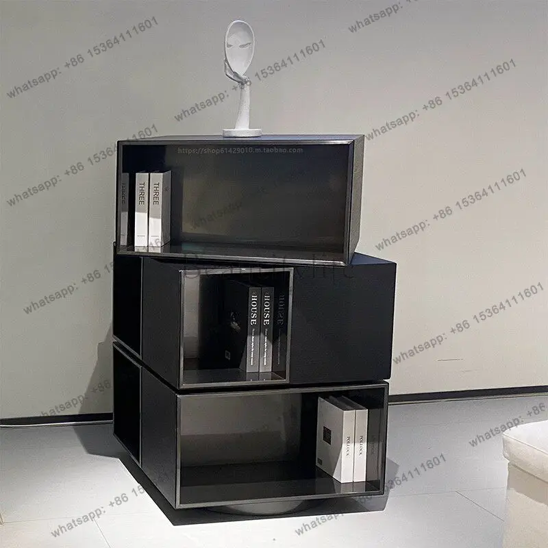 Italian minimalist light luxury bookcase designer 360-degree rotating bookshelf black titanium brushed edge cabinet