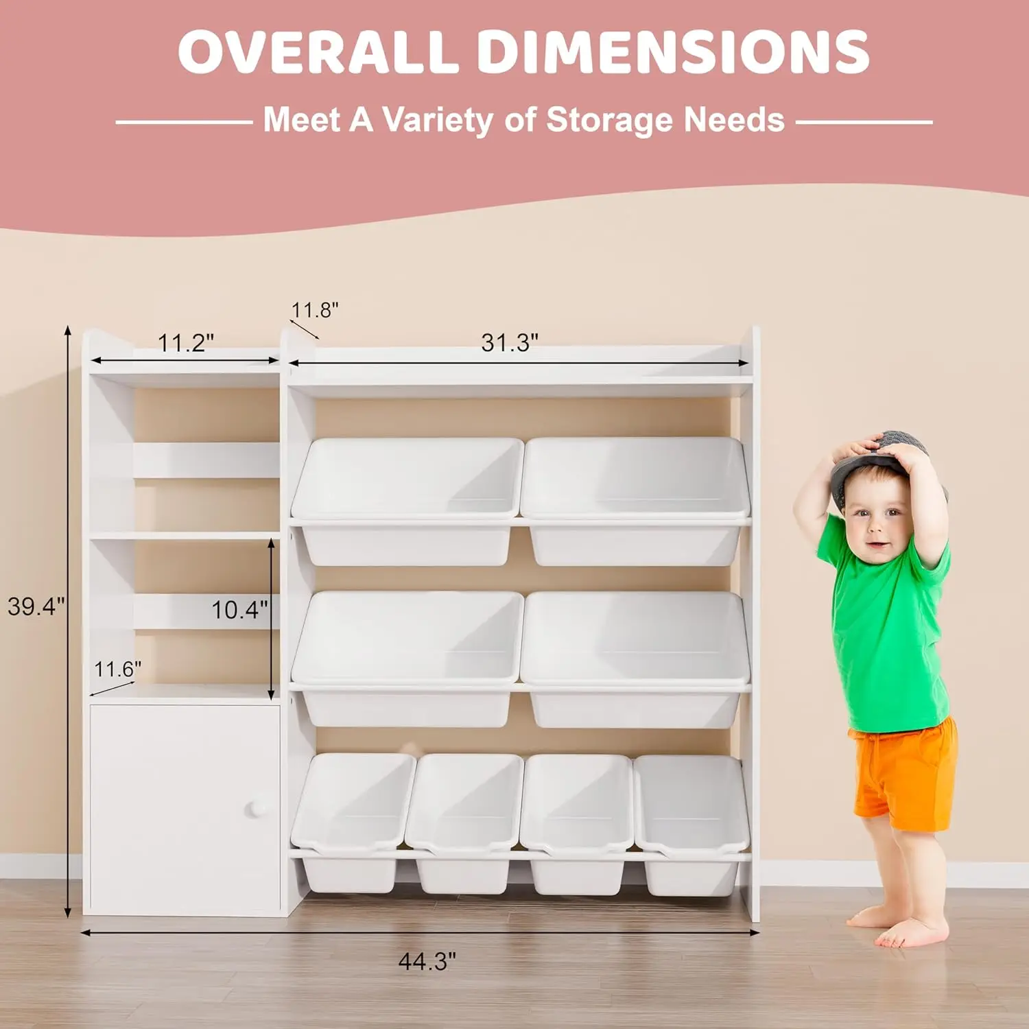 Toy Storage Organizer, 4-Tier Toy Organizers W/8 Removable Storage Bins, Kids Bookshelf and Toy Storage for Study