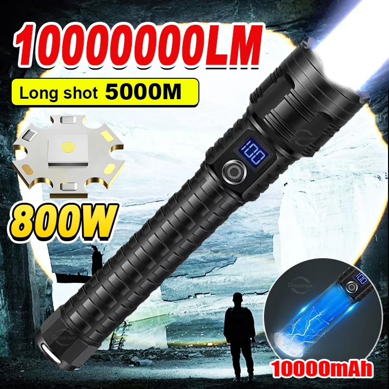 10000 mAh Hochleistungs-LED-Taschenlampen, Typ C, wiederaufladbare LED-Taschenlampe, 5000 m, extrem leistungsstarke Taschenlampe, taktische Laterne für den Außenbereich