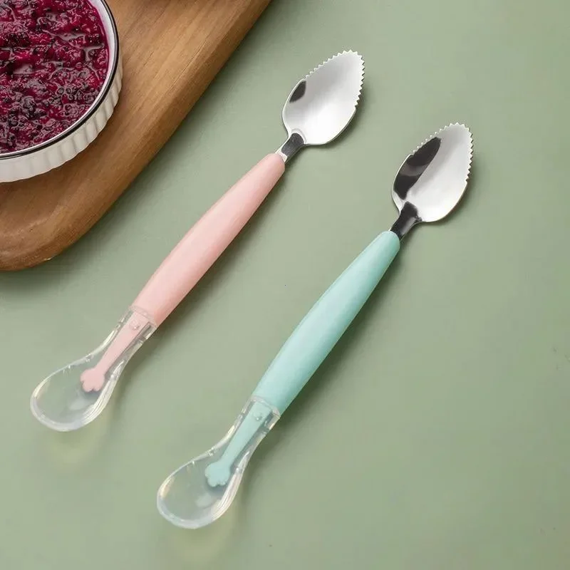 Stainless Steel Baby Cutlery Silicone Double Head Scraping Fruit Puree Spoon Complementary Food Spoon