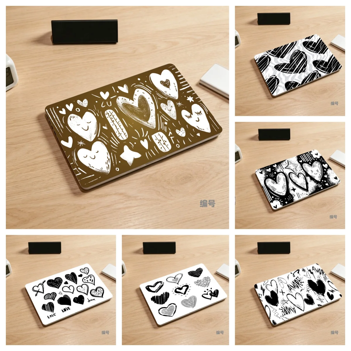 2 Sheets Cartoon Doodle Heart Laptop Skin Sticker Self‑Adhesive Notebook Protective Decor Set Poster Aesthetics Decoration