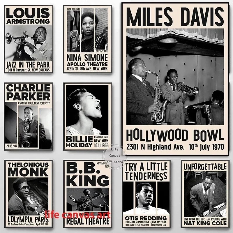 Armstrong cantor arte cartaz retro música jazz concerto nina simone milhas davis louis pintura em tela arte impressão imagem decoração de casa
