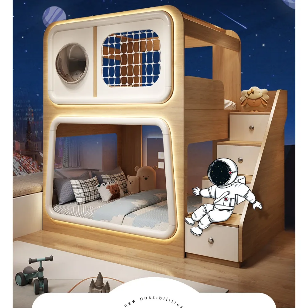 Litera de madera para espacios pequeños, diseño creativo de casa del árbol, litera cápsula tipo loft, solución de cama doble sobre doble para habitación infantil
