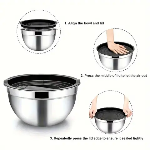 Blandningsskålar med lock, set om 5, rostfria svarta blandningsskålar, metallskålar med förslutningsbara lock 10 best sales skål i rostfritt stål med lock - №9