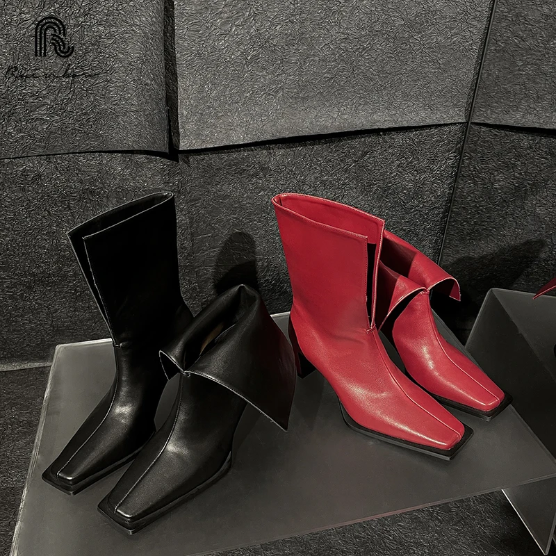 

RAINBOW 34-42 Unique Women Ankle Boots High heels Style Fashion new Square Toe Spring Autumn Short Shoes Flip up Lady red black