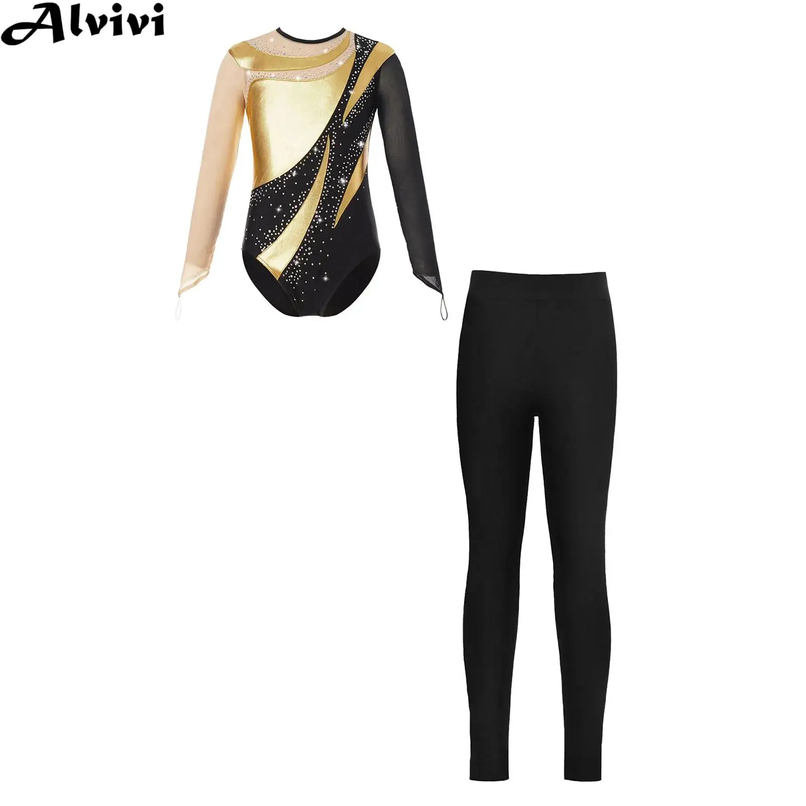 

6-16Y Girls Figure Skating Costume Ballet Dance Gymnastics Acrobatics Yoga Leotard Set Long Sleeve Shiny Bodysuit with Leggings