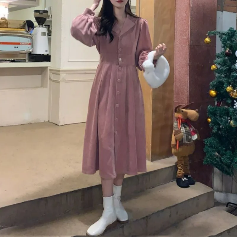 Autumn French Fragrance Simple Elegant Corduroy Long Sleeve Dress Women Solid Polo Collar Button Waist Patchwork A-line Dresses