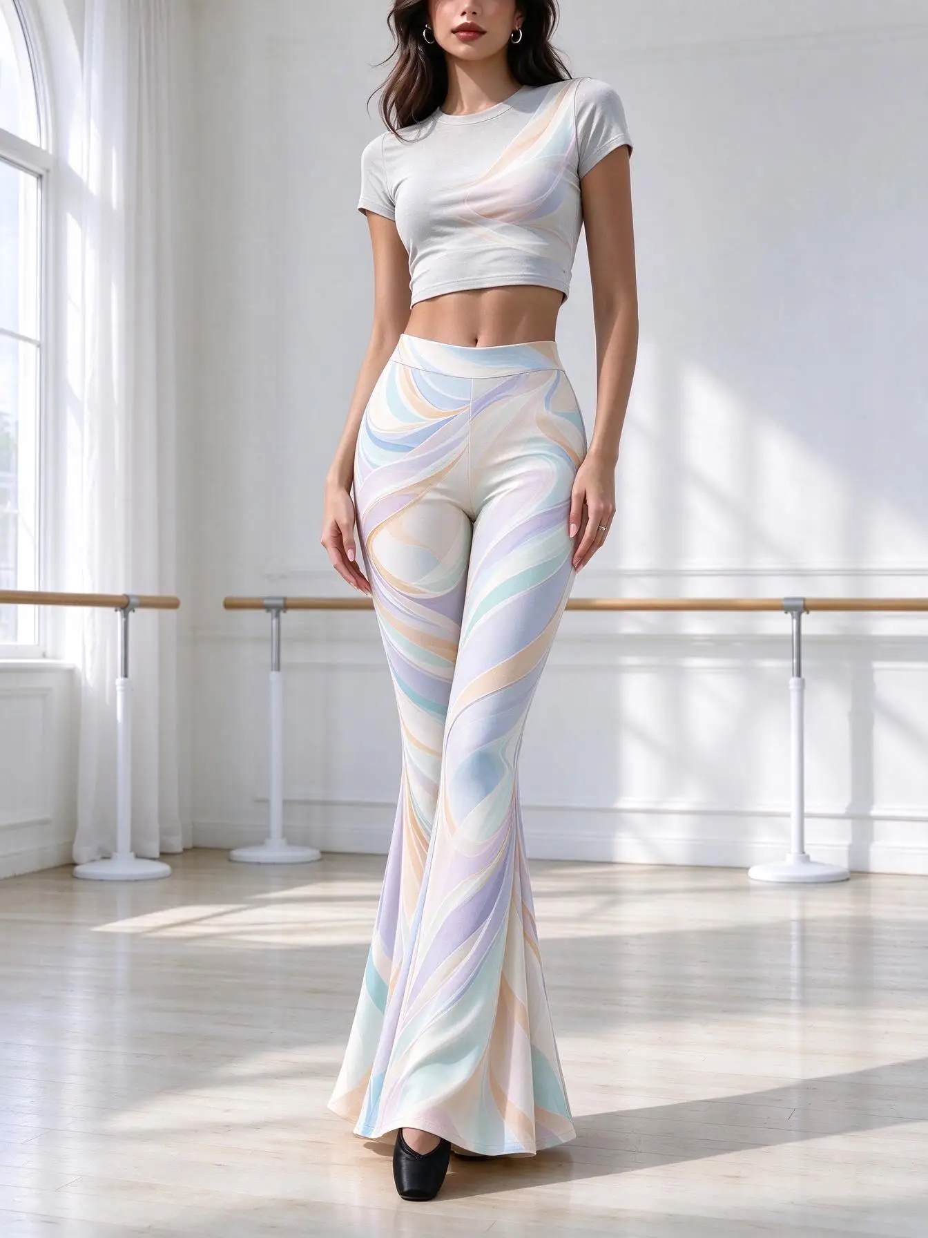 Women Mid-Rise Slim Flared Pants, Flat Printed Pink Gold Marble Swirl Pattern, Non-3D, Stretch Skinny Bell Bottoms