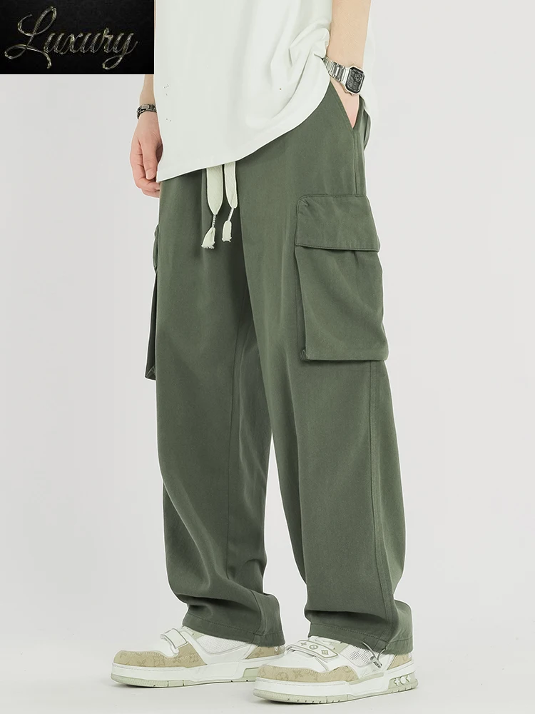 

Spring Summer Multi-Pockets Men's Sweatpants Straight Cargo Pants Adjustable Wide Leg Baggy Joggers Cotton Casual Work Trousers