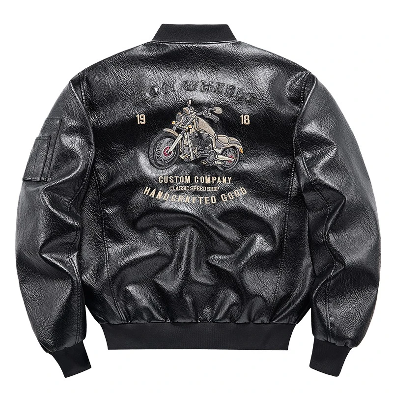 

Men's Emboridery Motorcycle Leather Jacket Autumn American Motorbiker Coat Men Baseball Collar Pilot Casual PU Leather Jackets