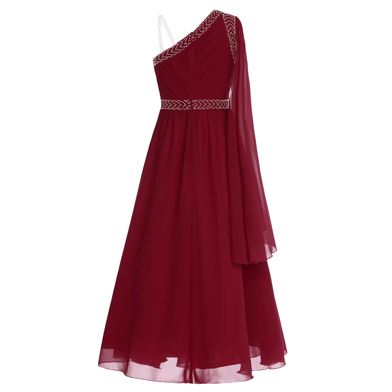 Chiffon Flowy Dresses Kids Flower Girls Asymmetrical One Shoulder with Tulle Drape Sleveless Party Maxi Gowns A-Line Long Dress
