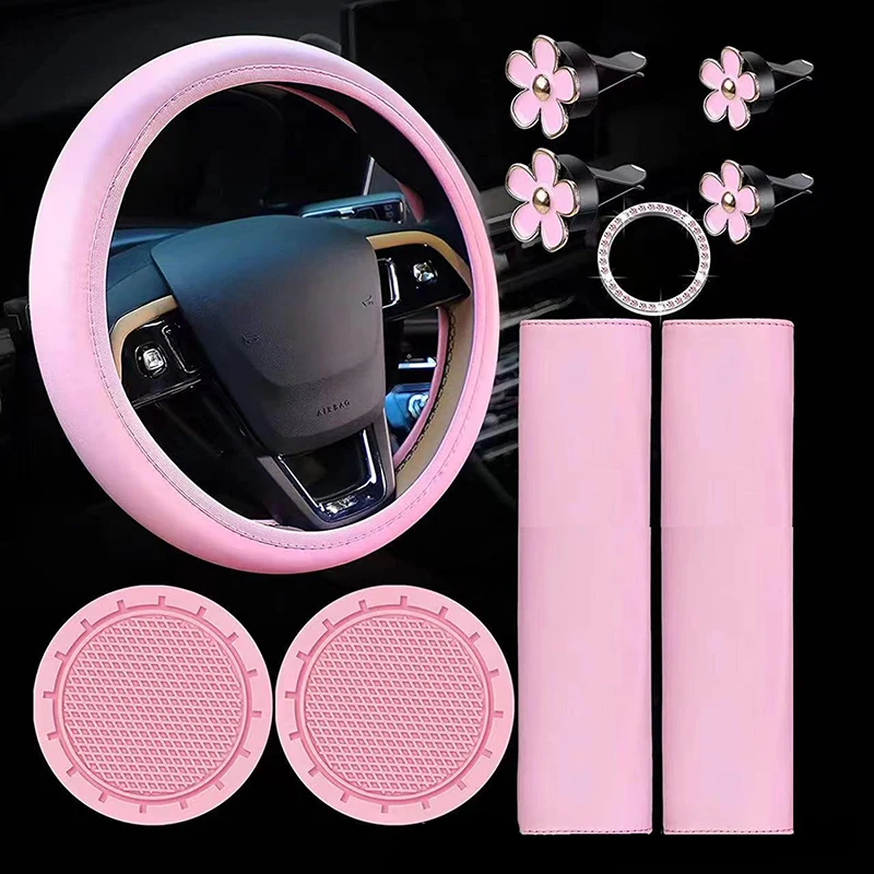 

10PCS Leather Steering Wheel Cover For Women Cute Car Accessories Set With Seat Belt Shoulder Pads Cup Holders Decorations