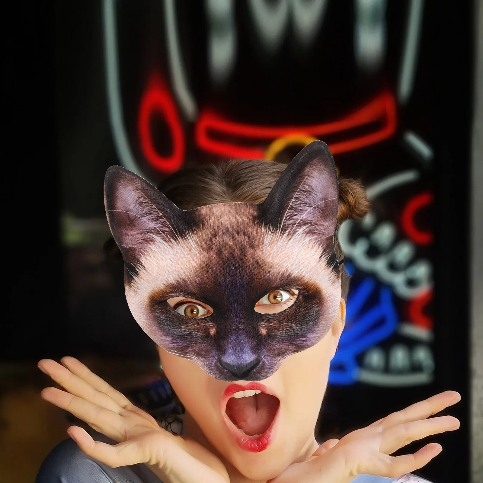 

Cat Mask Halloween Half Eyes Cosplay Face Printing Brown Costume Masquerade Fun Elder