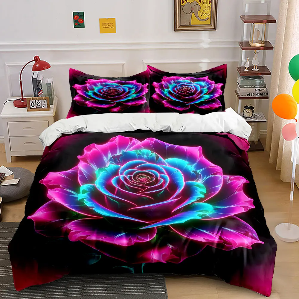 

Vibrant Glowing Rose Blossom Duvet Cover Set with 3D Printing Design Soft Polyester Bedding Set All-Season Comfort