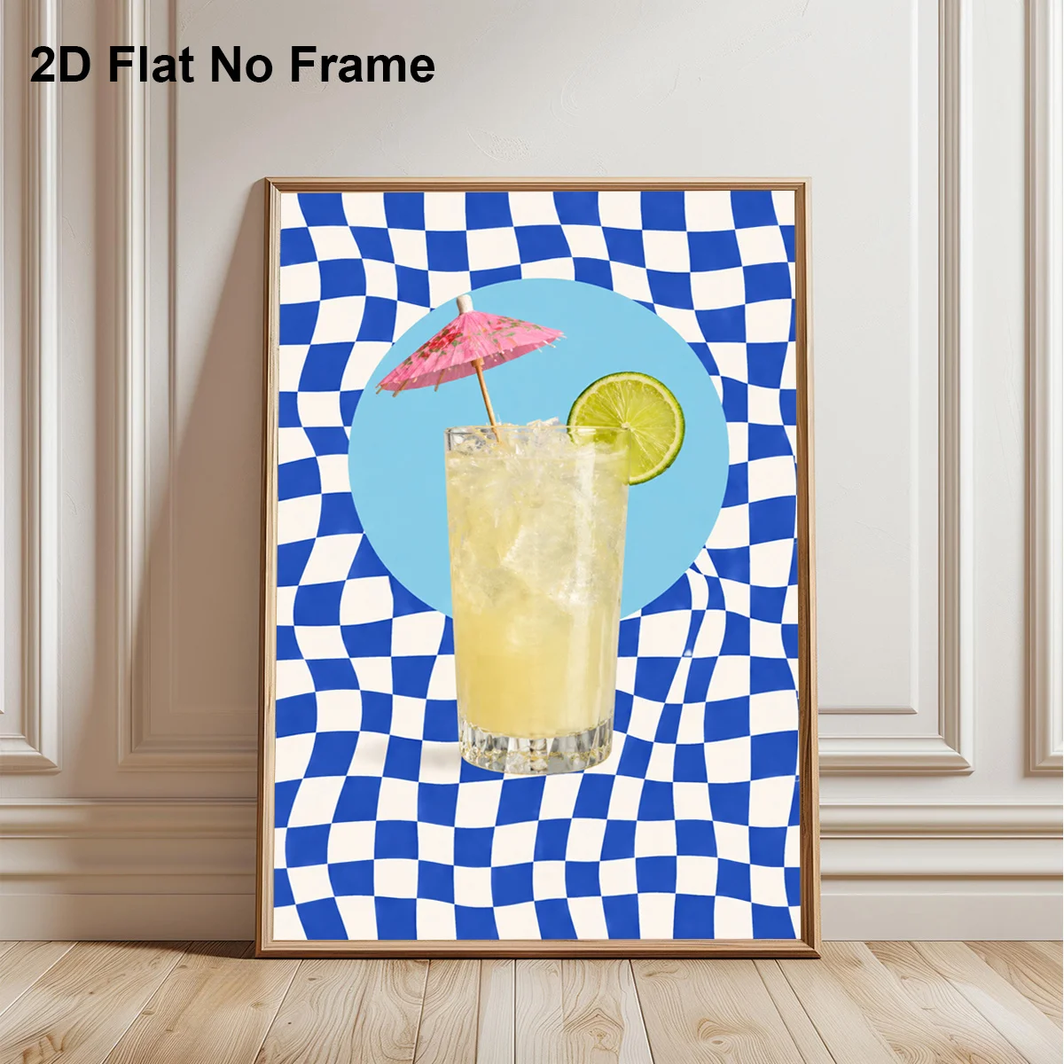 2D Flat, 2D Flat, 2D Flat 1pc Frameless Canvas Poster Lemon Drink with Ice, Lime Slice And Pink Umbrella on Blue Checkered Ab