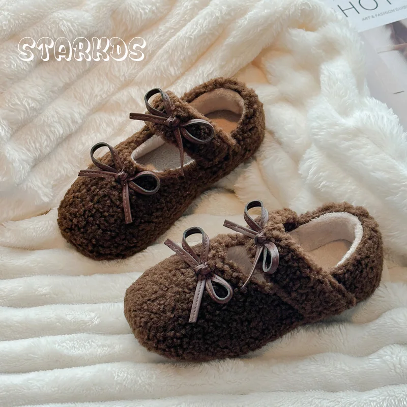 Śliczne baletki z owczej wełny z okrągłym noskiem Dziewczynka Zimowe ciepłe pluszowe mokasyny Dziecko Marka Design Teddy Fur Bowknot Mary Jane Shoes