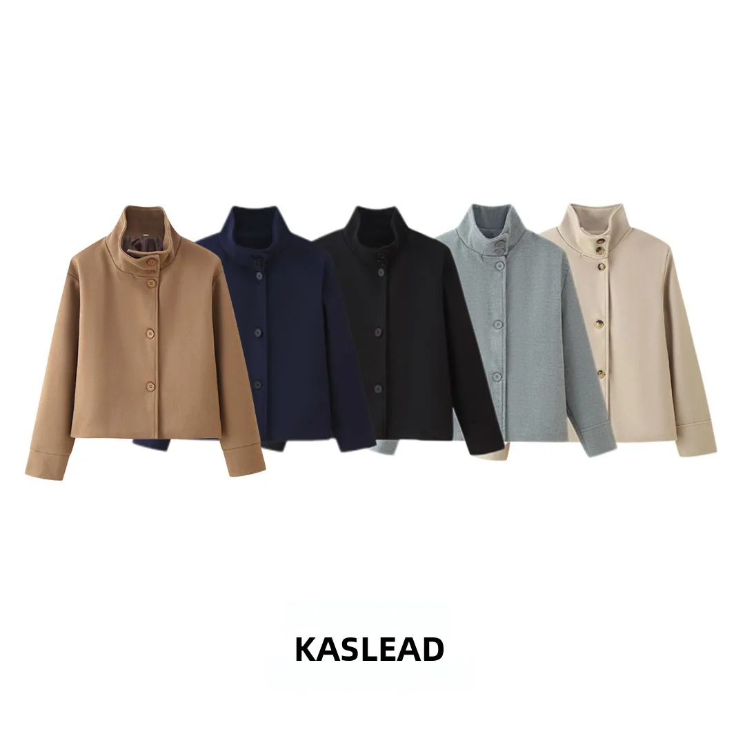

KASLEAD Новое женское модное свободное шерстяное пальто с воротником-стойкой на пуговицах, полиэфирная ткань, длинный цвет све